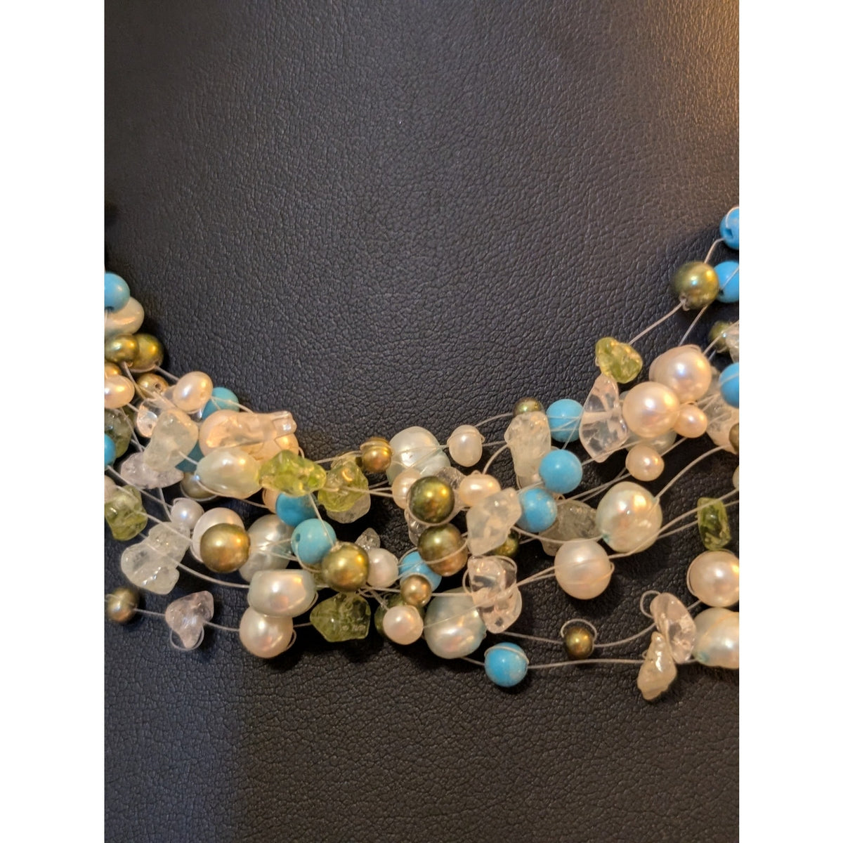 Multi-Strand Pearl Peridot Quartz Turquoise Bead 17"-19" 925 Sterling Necklace