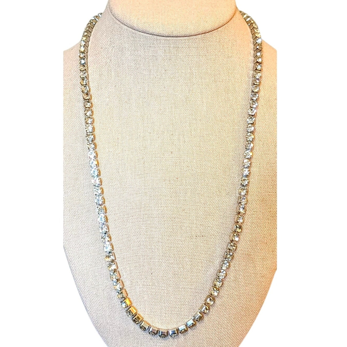 Vintage Long Square Set Closed Back Rhinestone 'Tennis' Fold Over Clasp Necklace