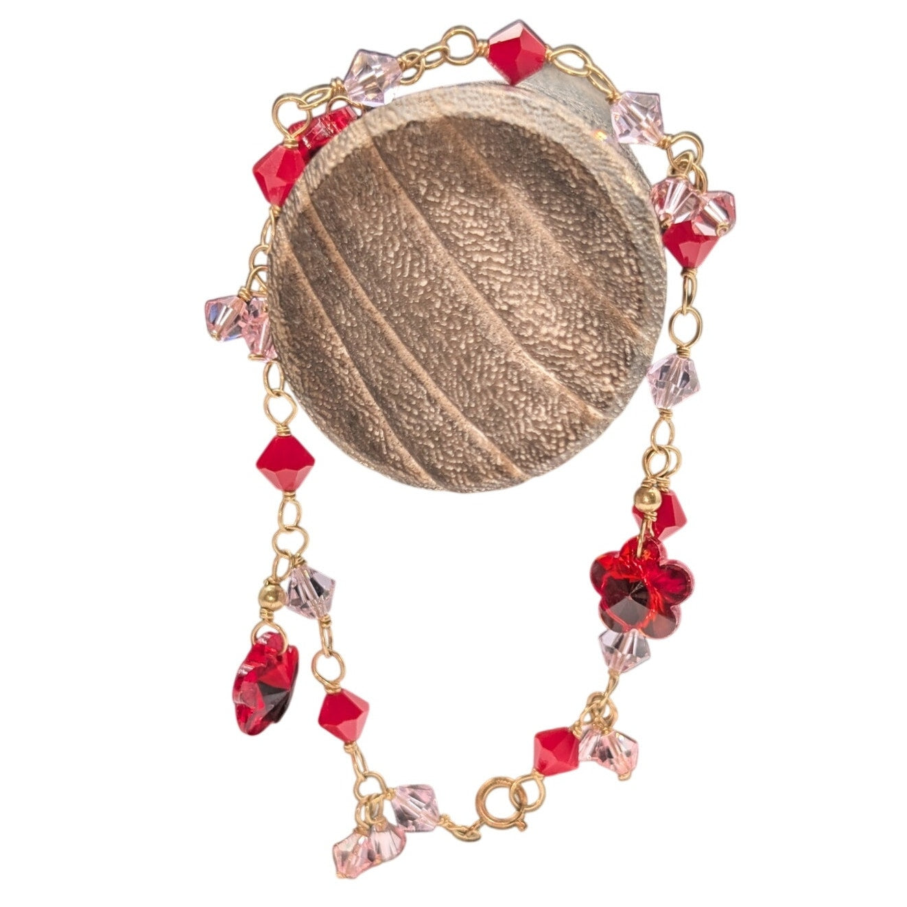 Vintage 14K Gold Filled Gold Chain Pink & Red Crystal Bead Dangle Bracelet