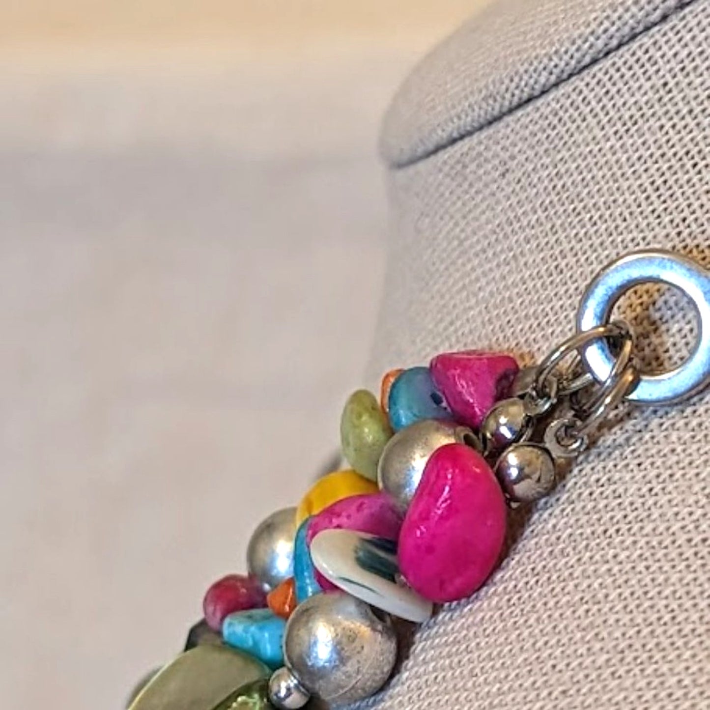 Rainbow Colored Shell and Stone Chip Beaded Silver Tone Necklace