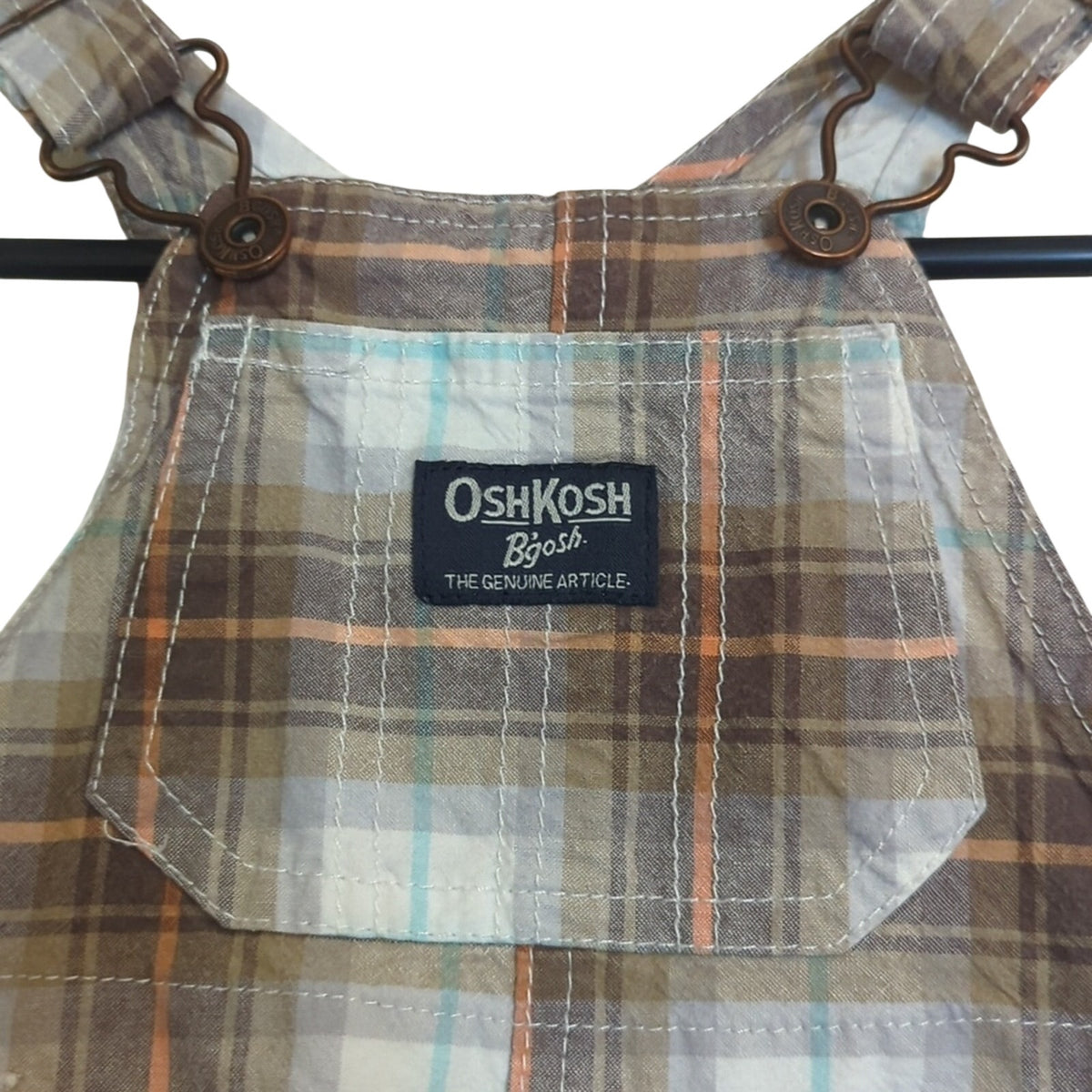 OshKosh B'Gosh Brown Plaid Bib Overall Vestbak Cotton Short Baby Size 12 Months