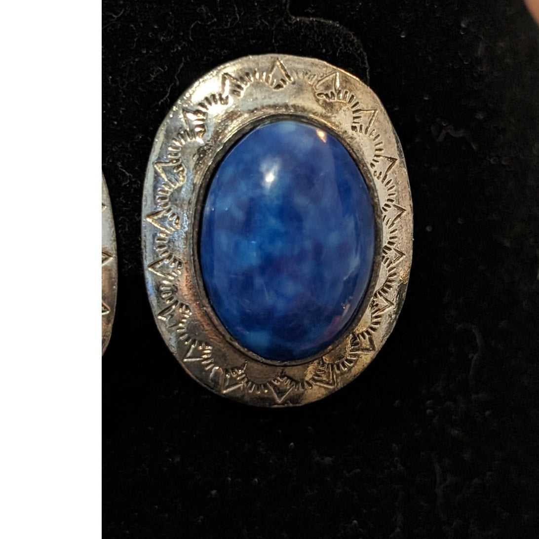 Vintage Costume Silver Tone Large Blue Cabochon Clip On Earrings
