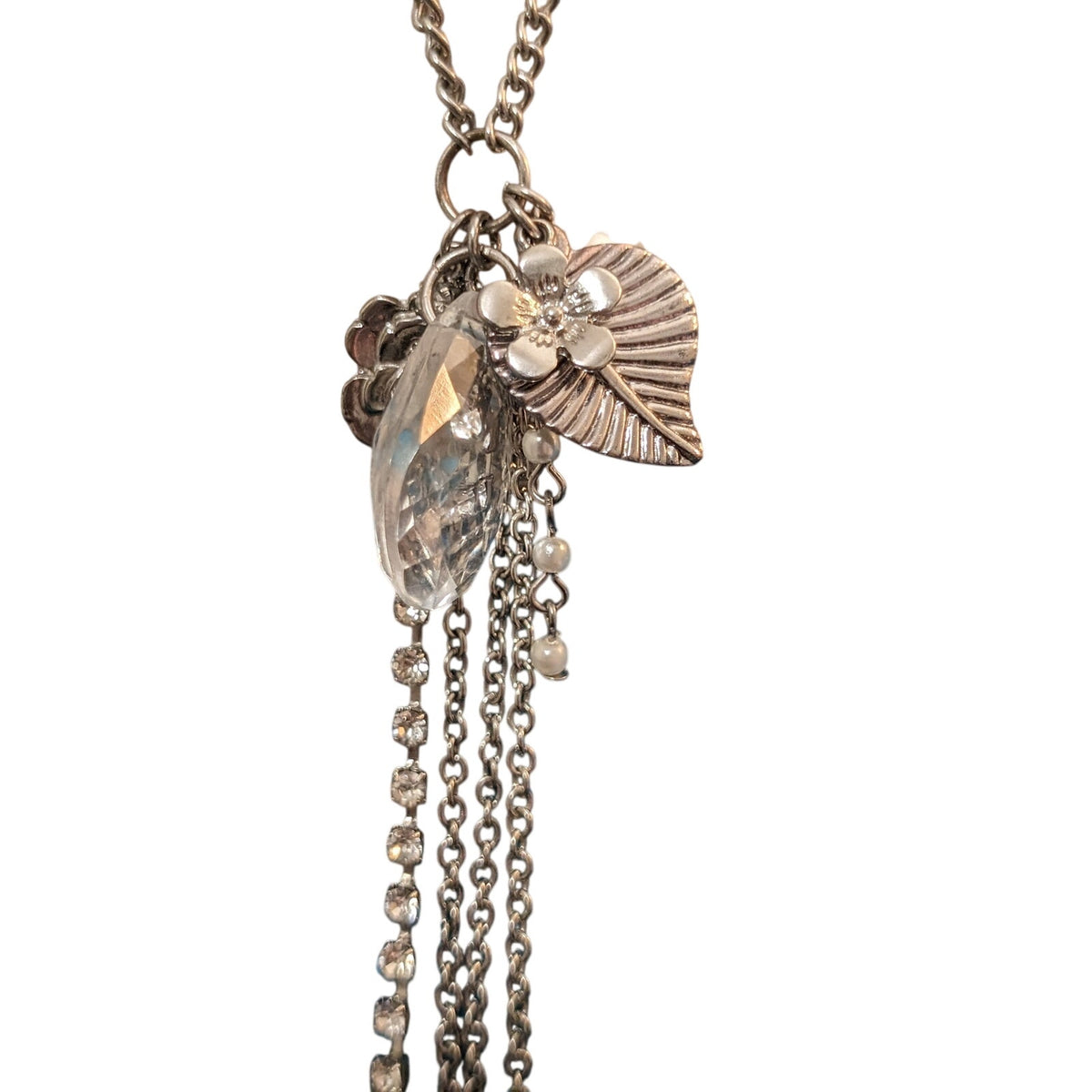 Silver Tone Cluster 22-24.5" Necklace With Rose, Rhinestones, Pearls, etc.