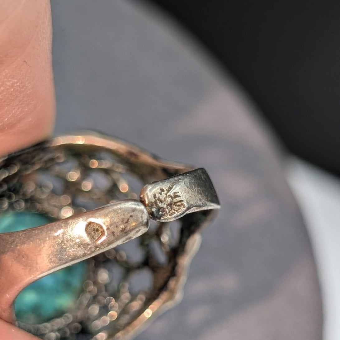 Vtg Sterling Silver Green Stone Brutalist Modern High Dome Ring Sz 7