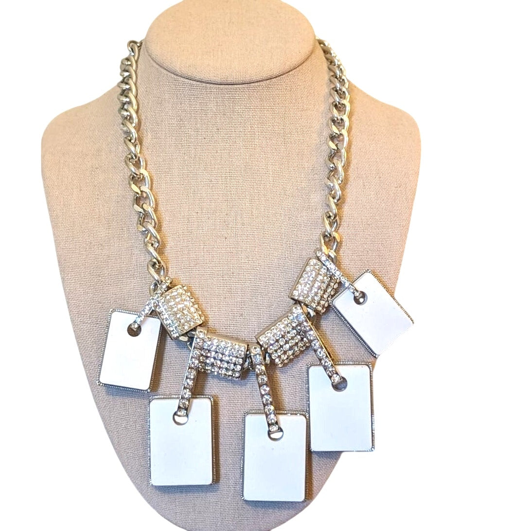 Traci Lynn Rhinestone White Tile  Silver Tone Chunky Chain Statement Necklace
