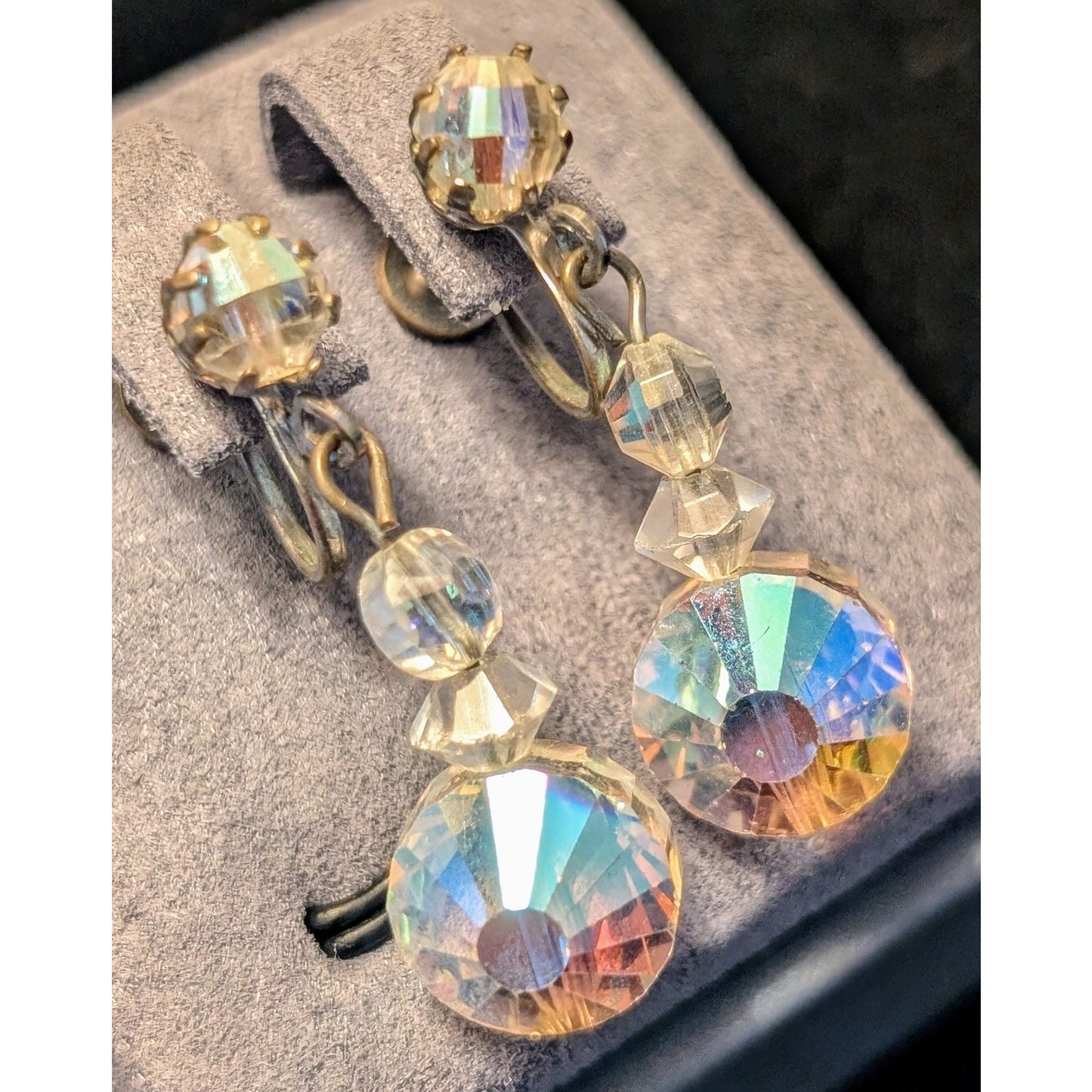 Unique Vintage Aurora Borealis AB Crystal Dangle Screw Back Earrings