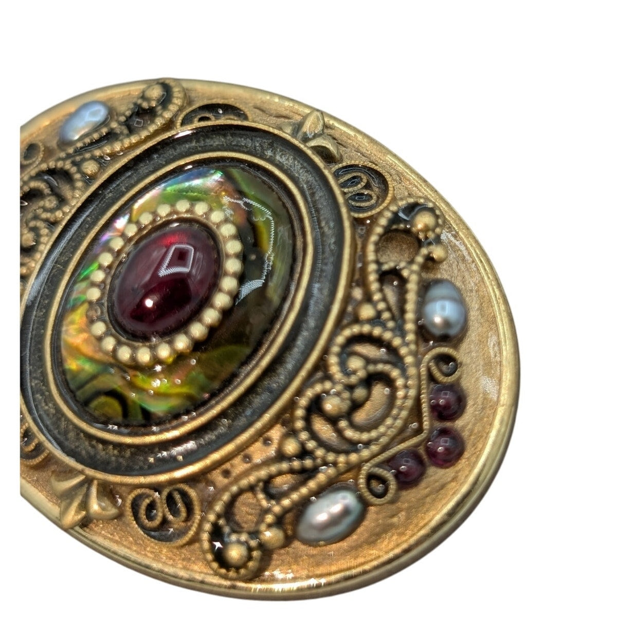 Vintage Michal Golan Signed Oval Gold Plated Garnet Abalone Brooch/Pendant
