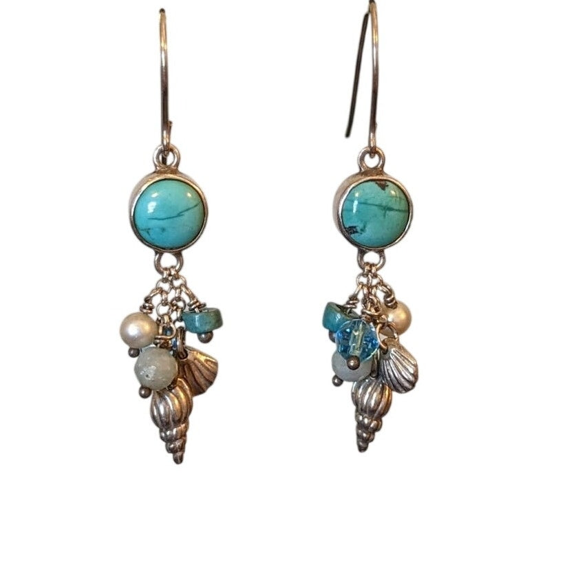 Marked 925 Sterling Wire Turquoise Seashell Beaded Dangle Earrings