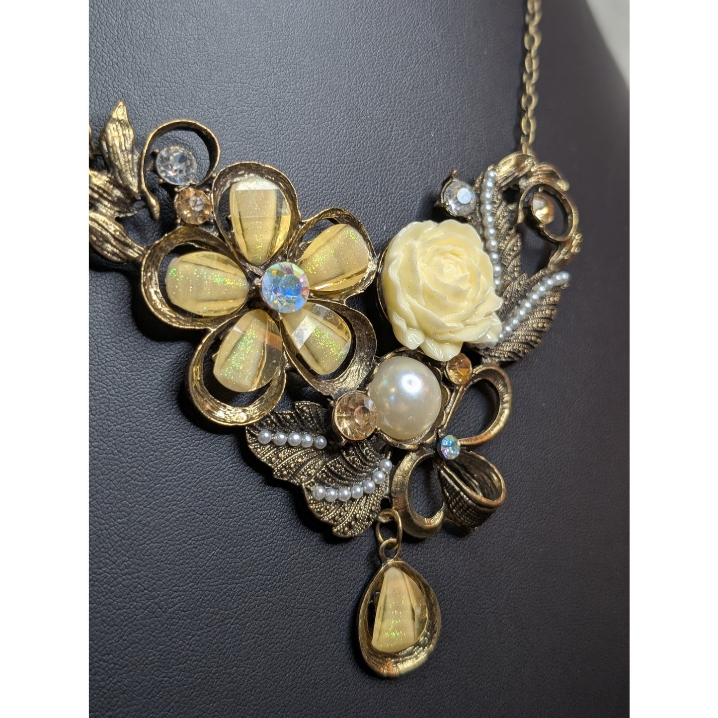 Antiqued Gold Yellow Cream Resin Rose Pearl Iridescent Floral Bib Necklace