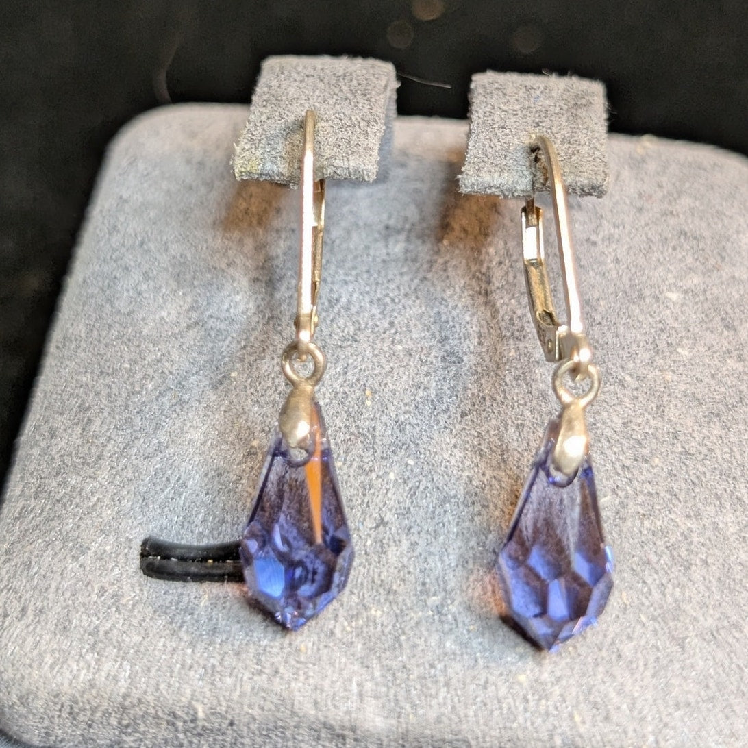 925 Sterling Lever Back Blue/Purple Faceted Crystal Briolette Dangle Earrings