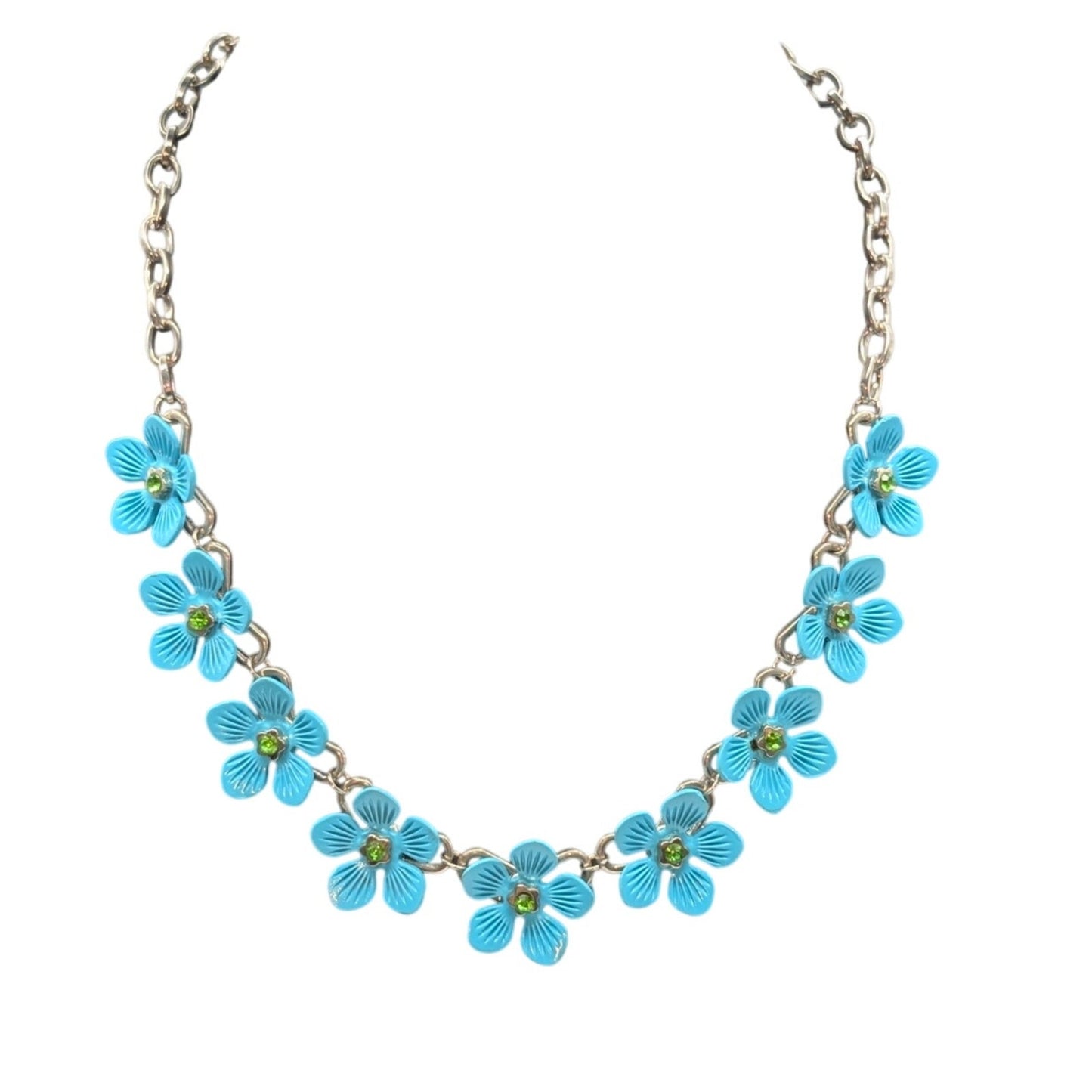 Nine Blue Metal Green Crystal Flowers on Silver Tone Chain 18"-21" Necklace