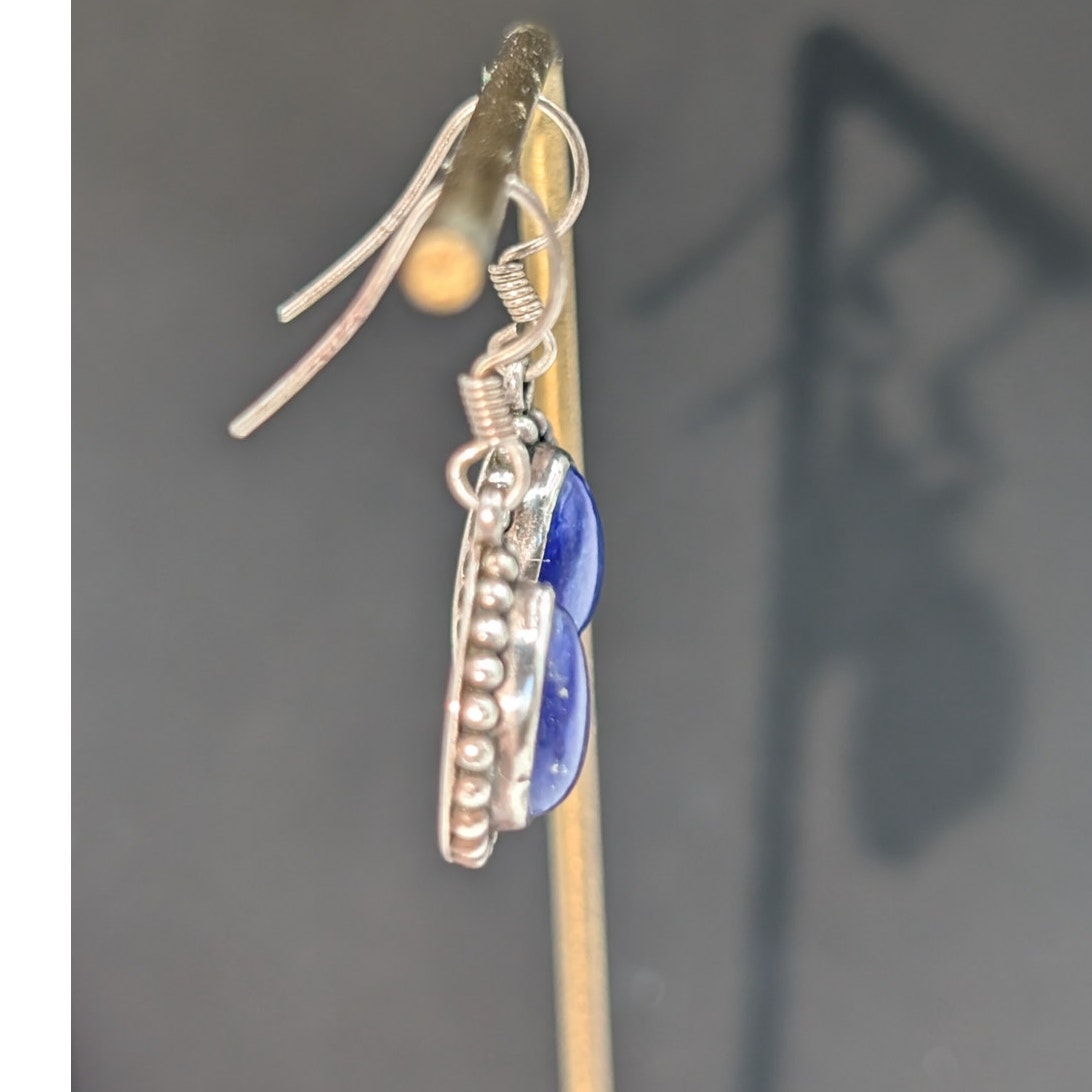 Vintage Lapis Lazuli Beaded 925 Sterling Silver Wire Dangle Earrings