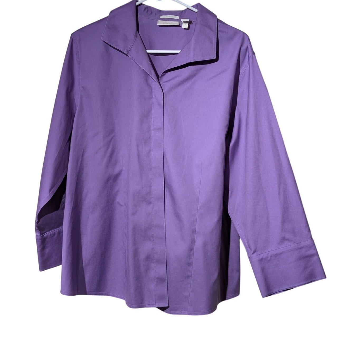 Chico's Sz 3 No-Iron Purple Hidden Button Front 100% Cotton Shirt USA Sz XL/16