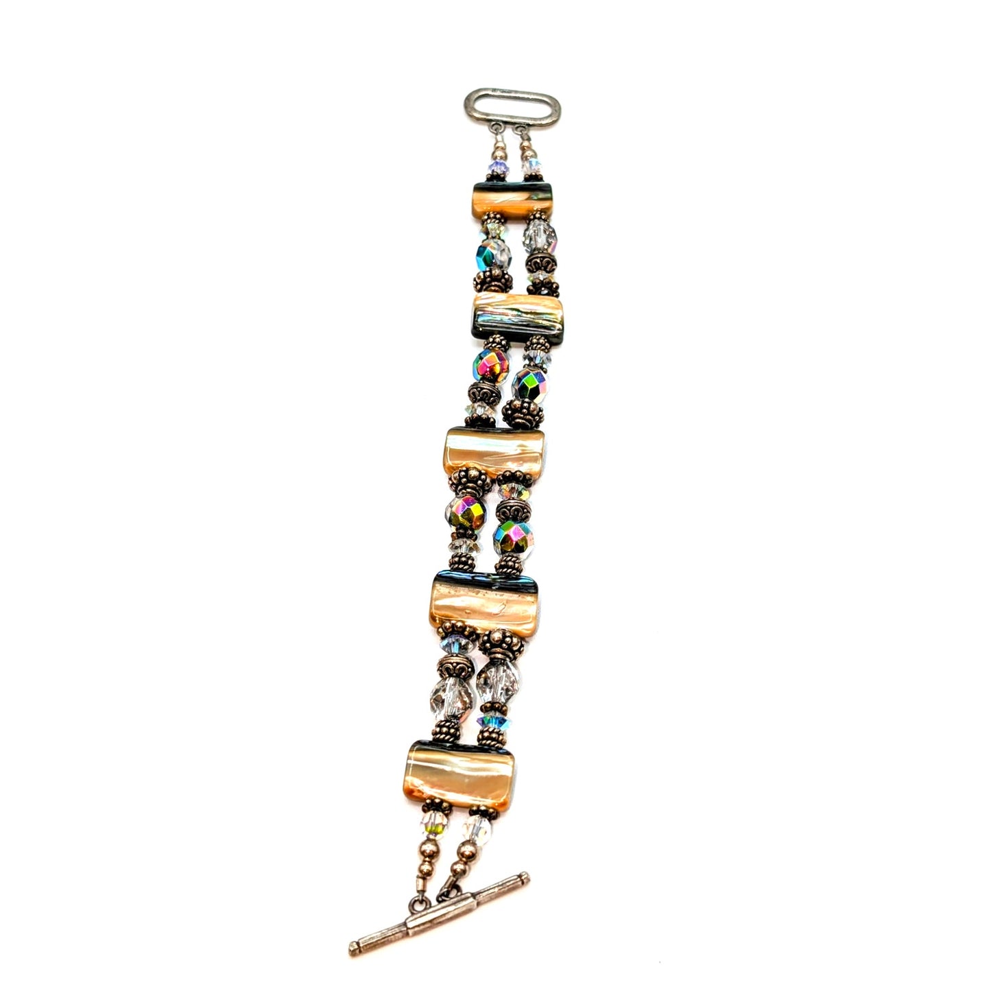 Signed Abalone Shell Chunks AB Crystal Sterling Beaded Toggle Clasp Bracelet