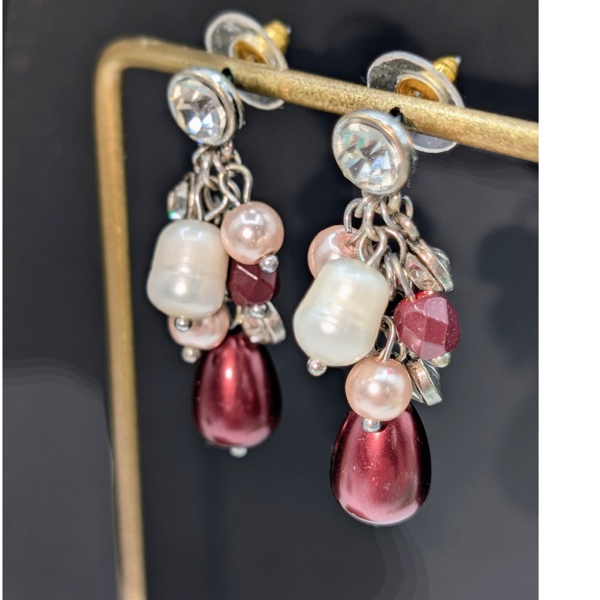 Maroon Pink White Faux Pearl Rhinestone Cluster Dangle Earrings
