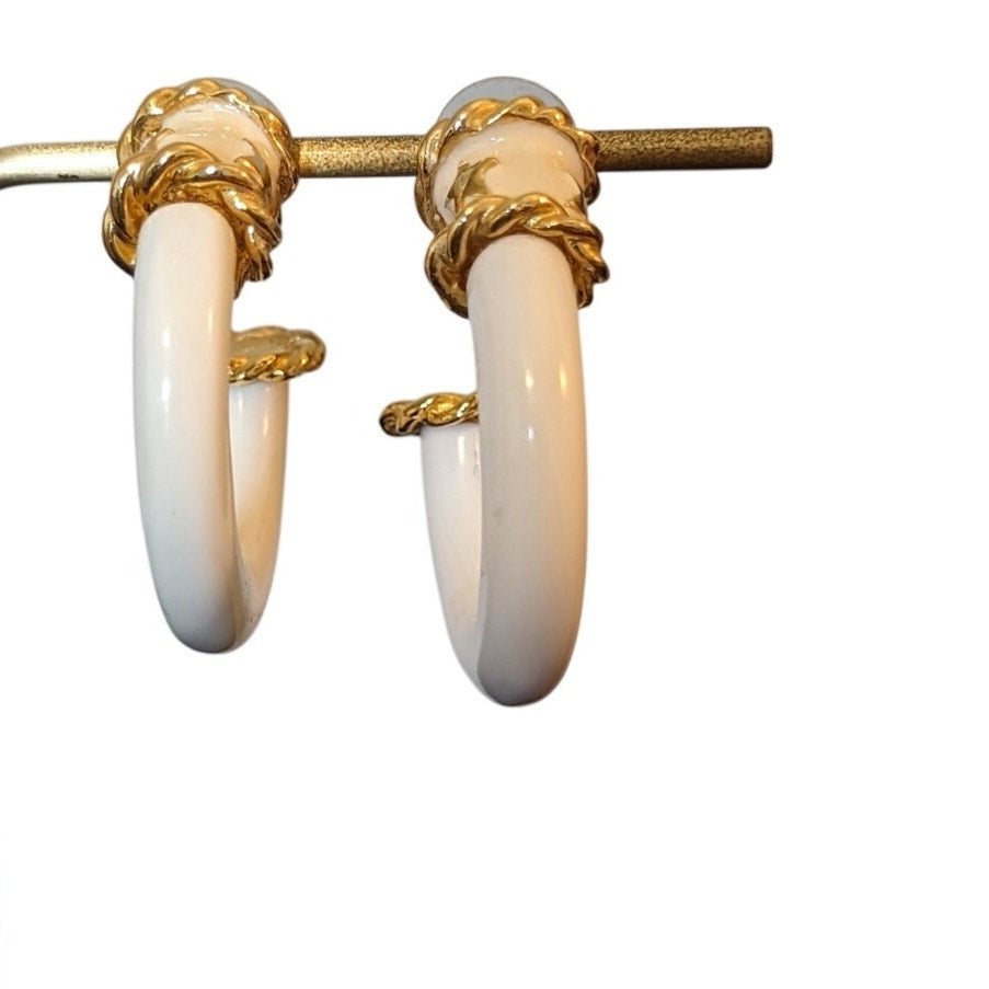 Vintage Cream Enamel Gold Star Rope Trim Nautical 3/4 Hoop Earrings