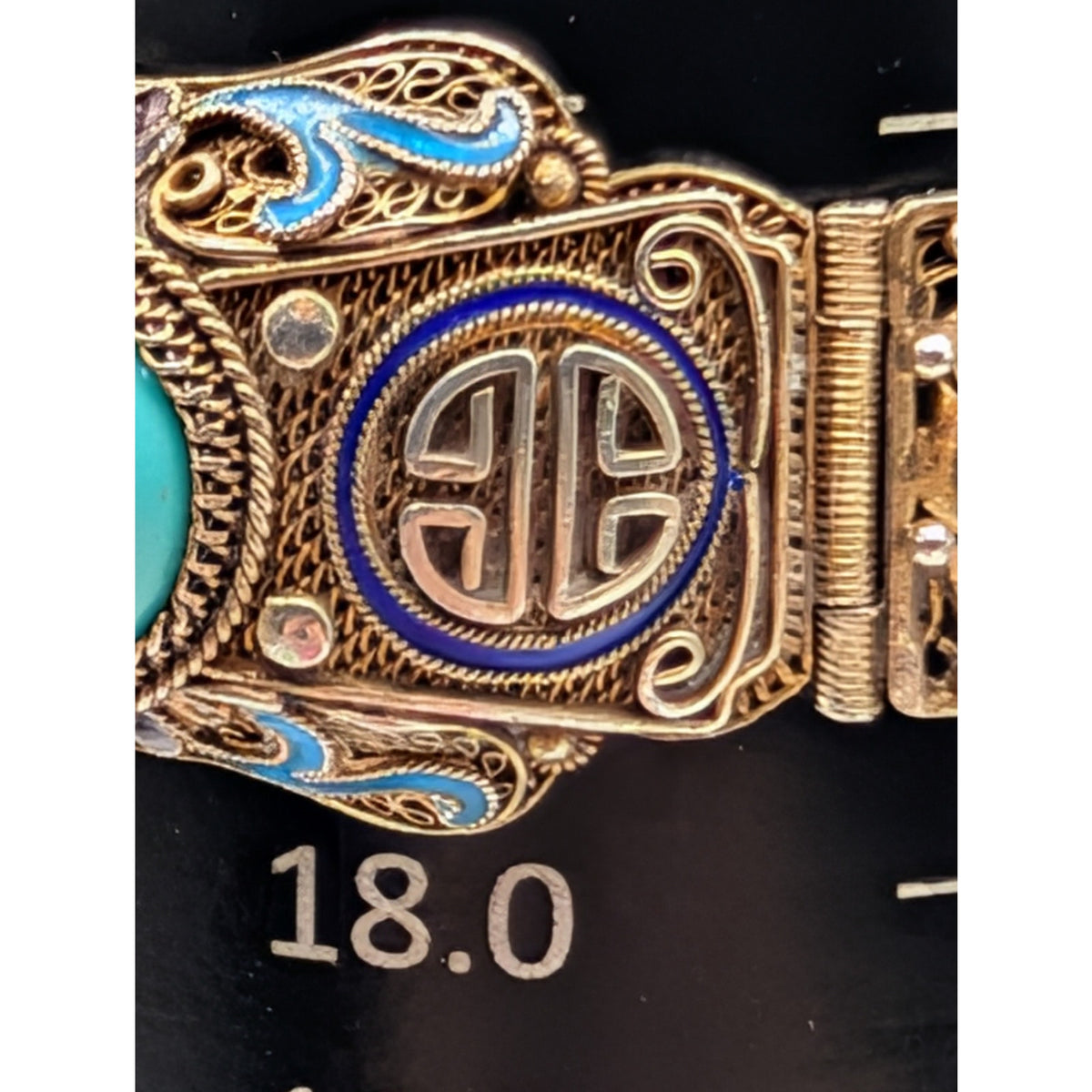 Antique 1900 Chinese Export .900 Silver Gilt Filigree Turquoise Enamel Bracelet