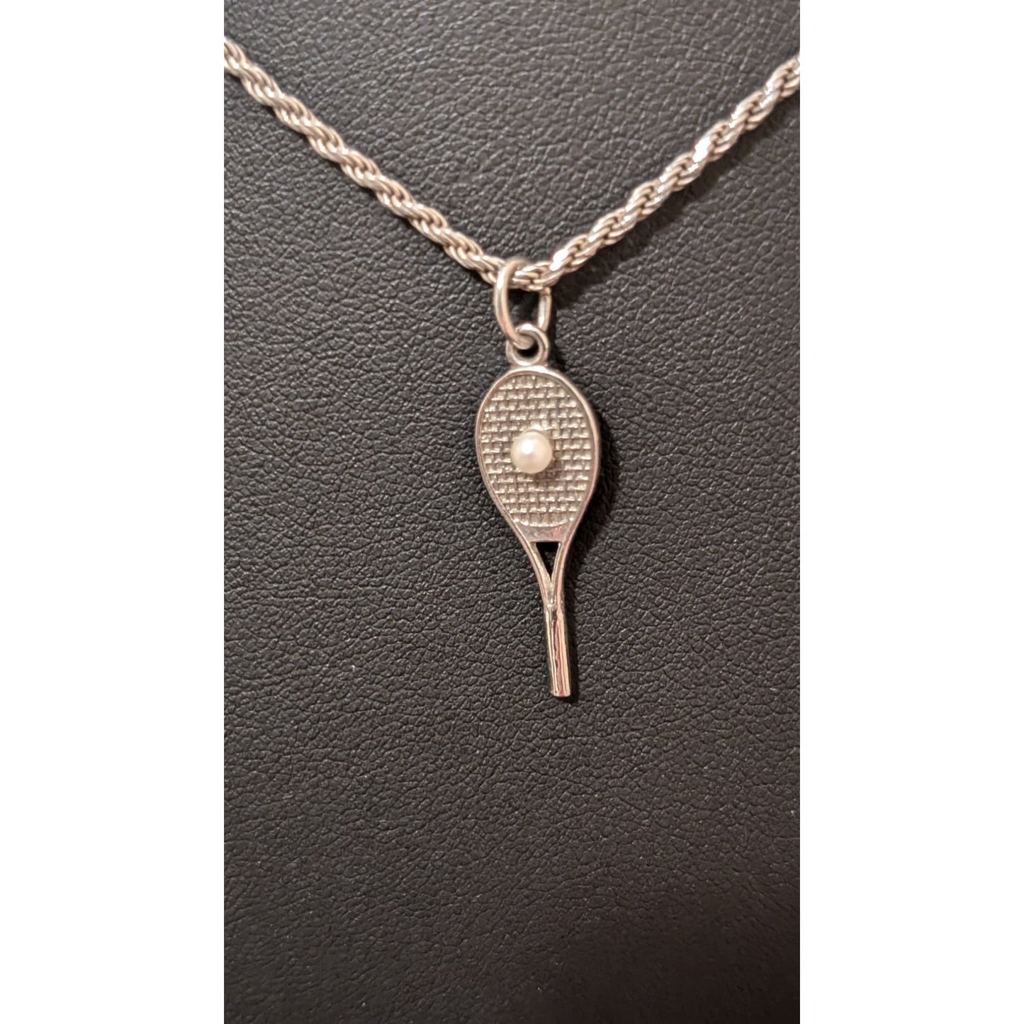VTG RQC Sterling Tennis Racket Faux Pearl Charm 925 Sterling Rope Chain Necklace