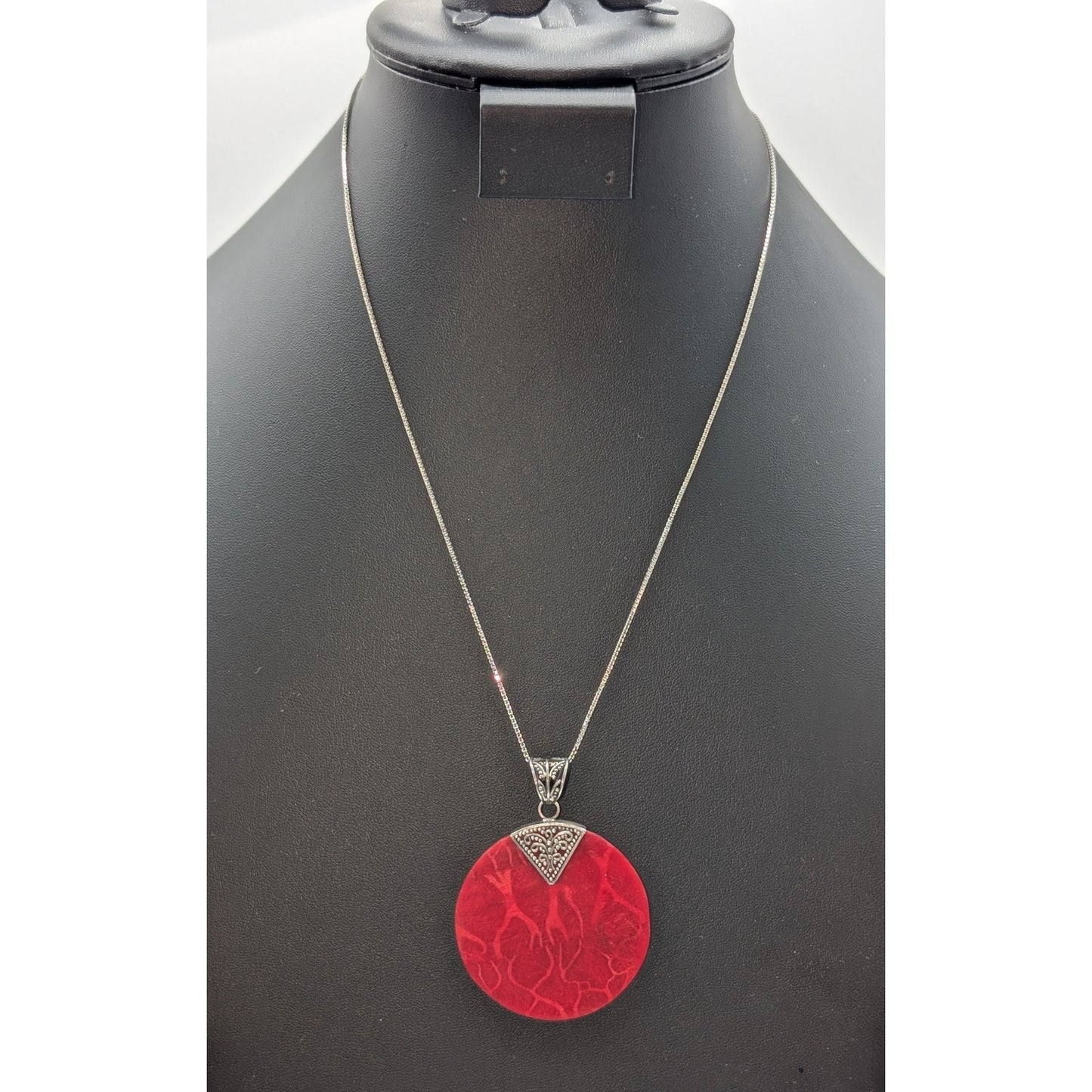 Vtg 925 Sterling Silver Bali Design Red Sponge Coral Pendant Box Chain Necklace