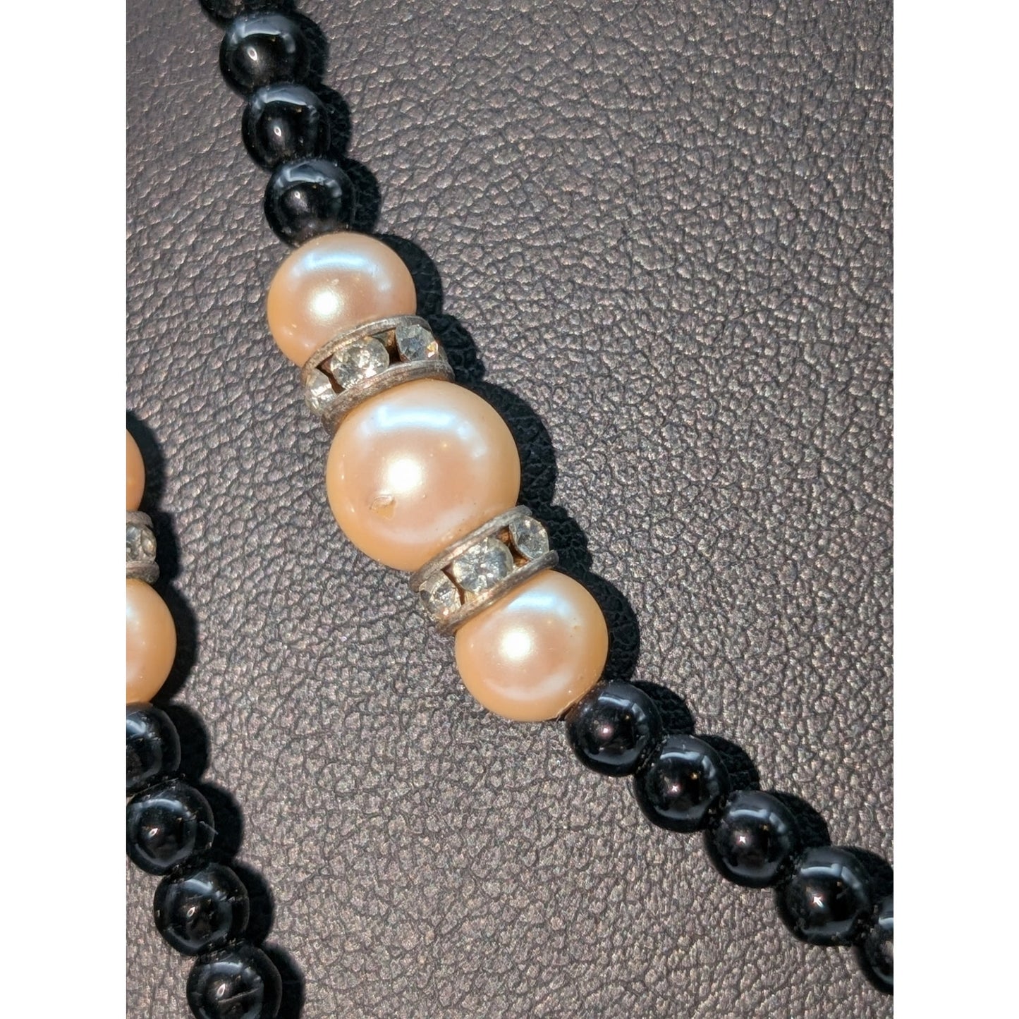 Vintage 50" Black Glass Bead Faux Pearl Rhinestone Rondelle Bead Necklace