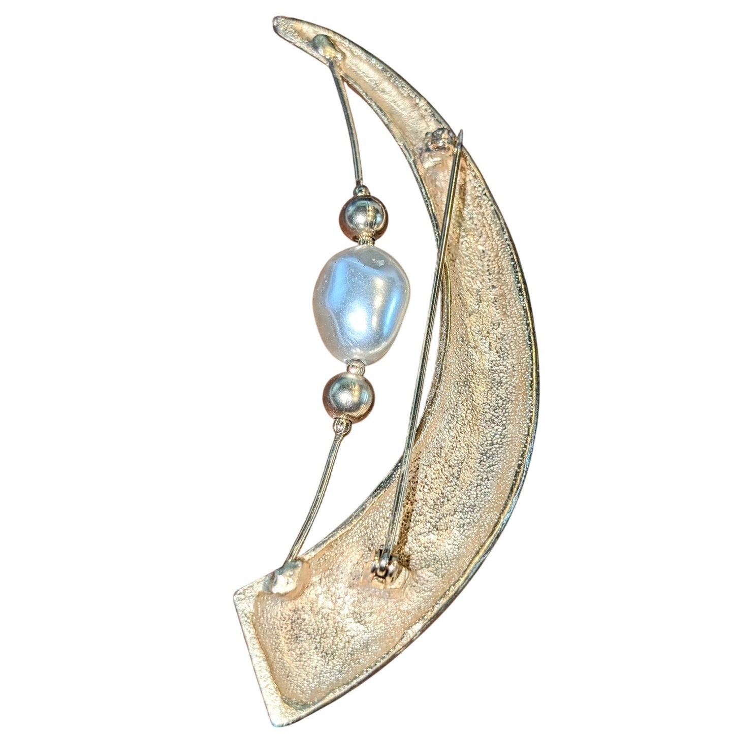 Large 3.75" Long Gold Tone Tusked Horn Faux Pearl Brooch