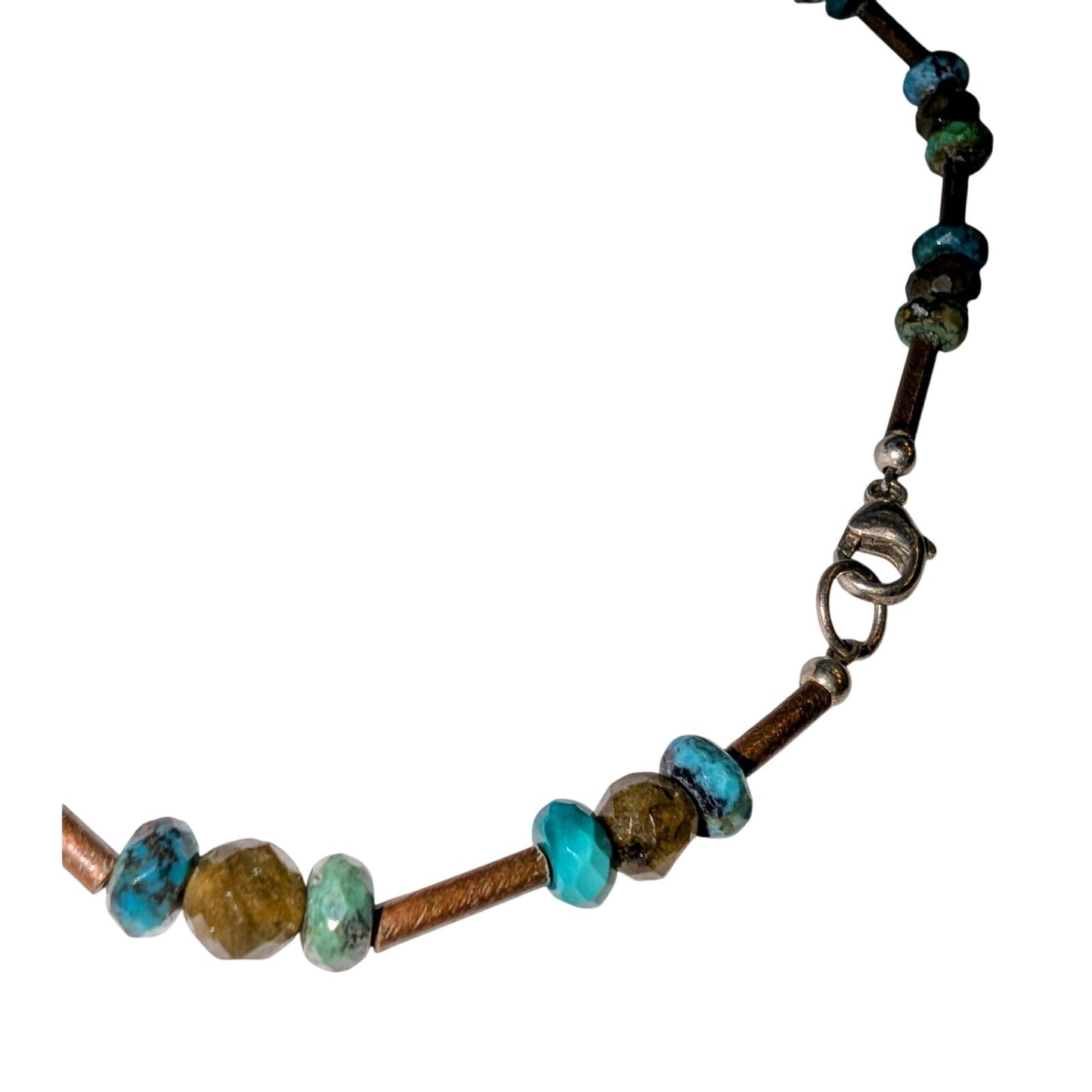 925 Sterling Silver Turquoise & Glass Copper Rod Beaded 11" Ankle Bracelet