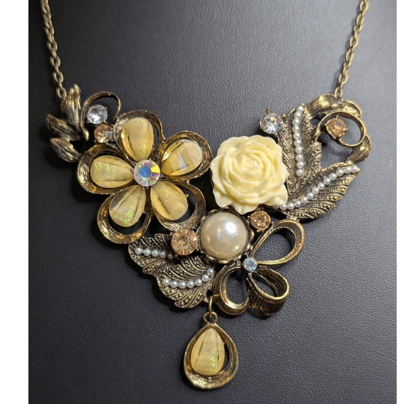 Antiqued Gold Yellow Cream Resin Rose Pearl Iridescent Floral Bib Necklace