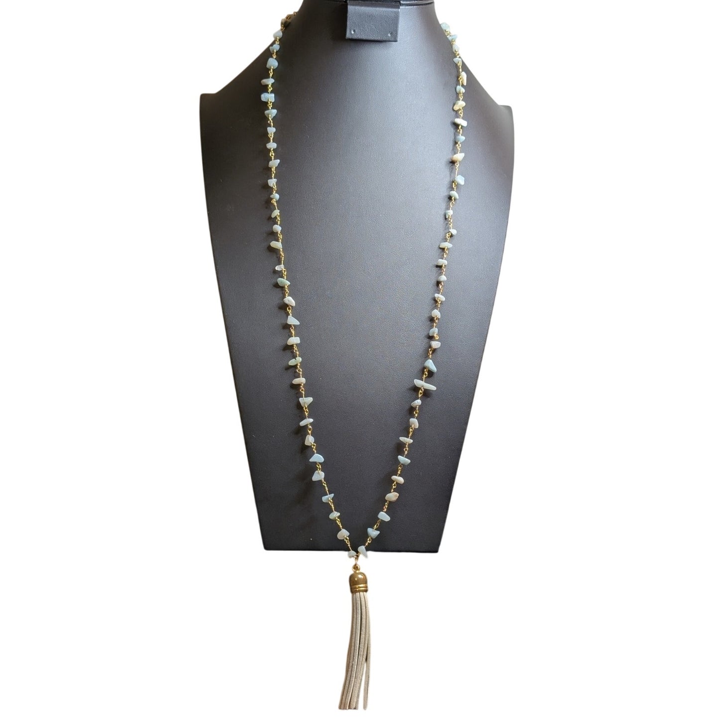 Blue Stone Chip Rosary Chain Leather Tassel Boho 36" Long Necklace