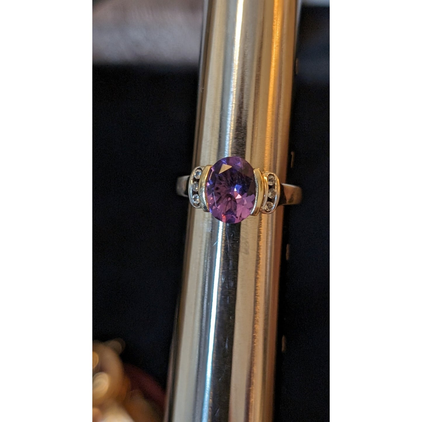 Amethyst White Spinel 925 14K Partial Bezel Set Ring Size 7.5
