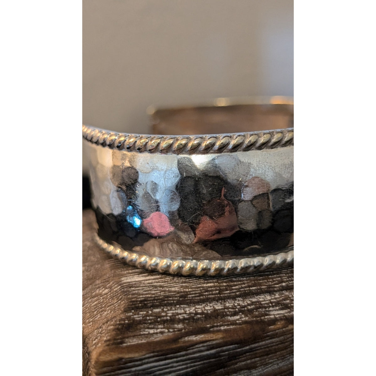 Vintage Mexican Sterling Silver Hammered Rope Trim Cuff Bracelet 28g