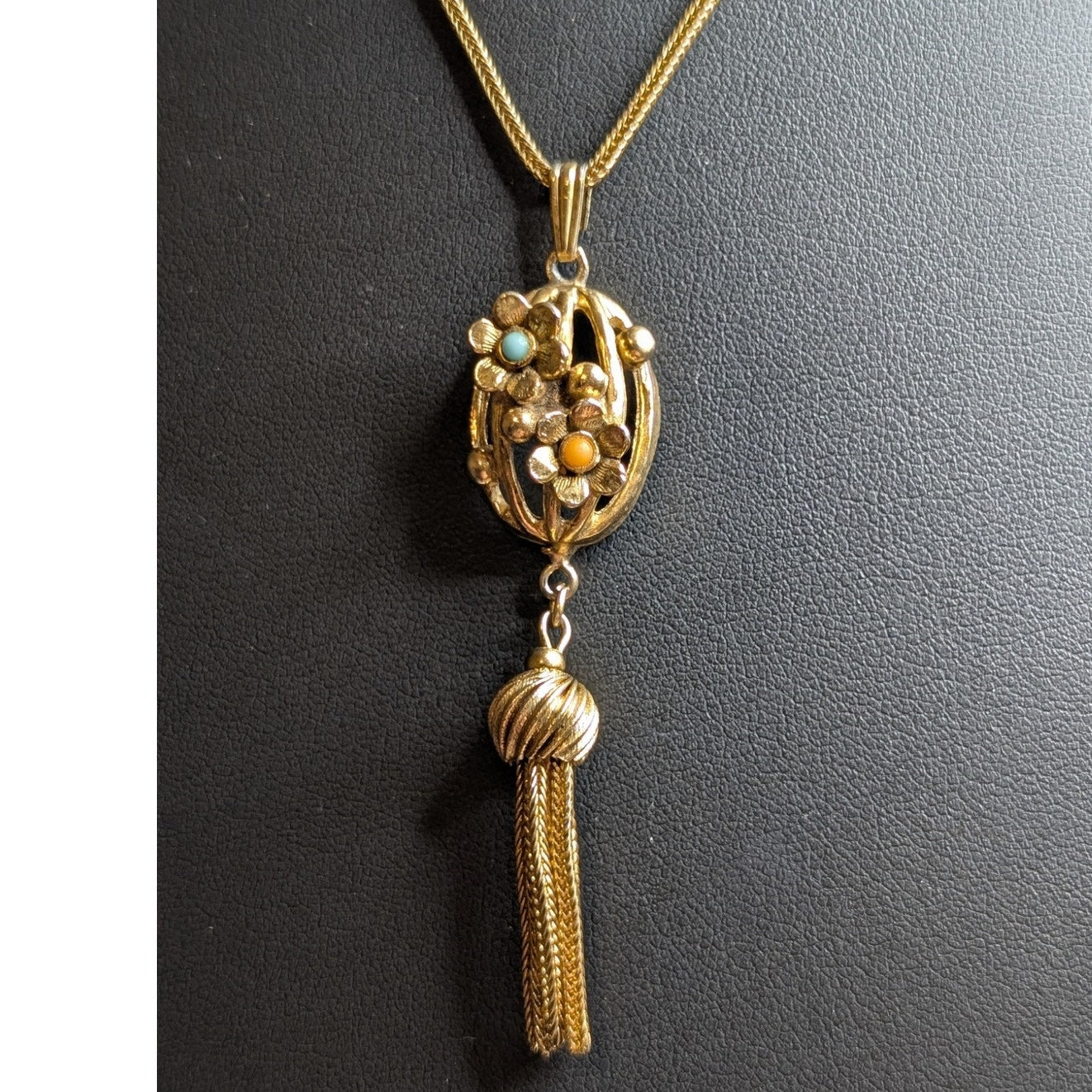 Vintage Gold Tone Cage Flower Tassel Pendant Gold Tone Chain Necklace