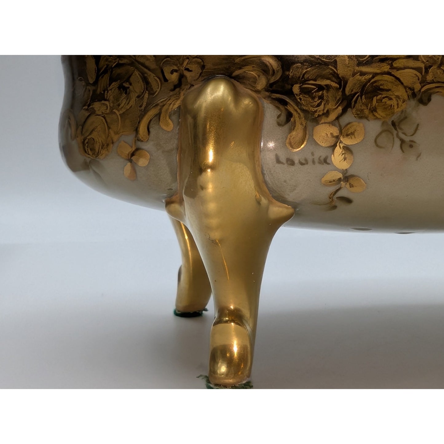 Vtg/Antique Signed Louise Gold Footed China Oval Hand Painted Trinket Box