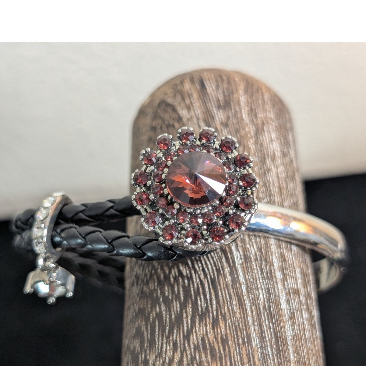 Ginger Snaps Leather Silver Tone Button Clasp Rhinestone Dangle Bangle Bracelet