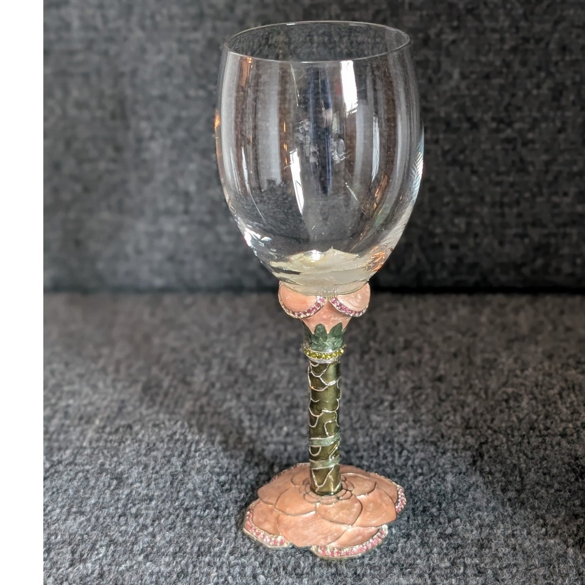 Vintage 2 Saints Pink Green Enamel Rhinestone Wine Goblet