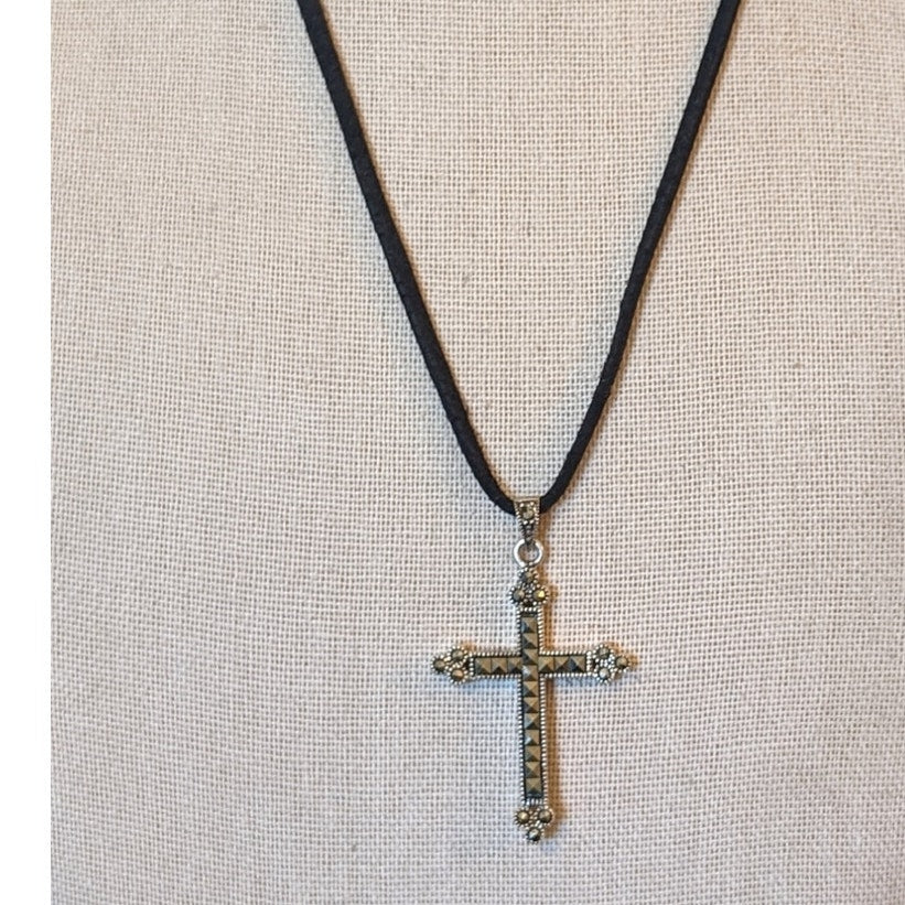 Vtg 925 Sterling Silver Marcasite Cross on Black Cord w/ 925 Lobster Claw Clasp