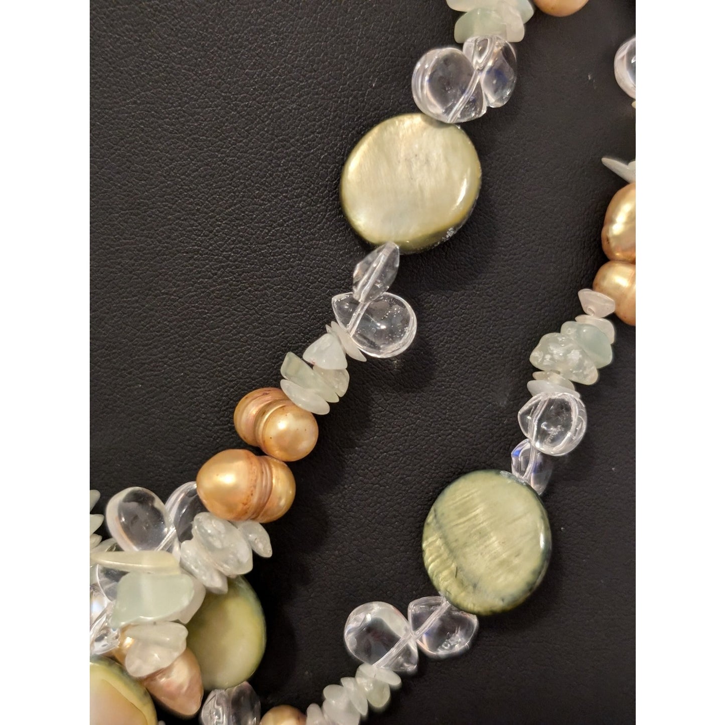 58" Long Green Coin Shell Stone Chip Gold Pearl Glass Teardrop Lariat Necklace