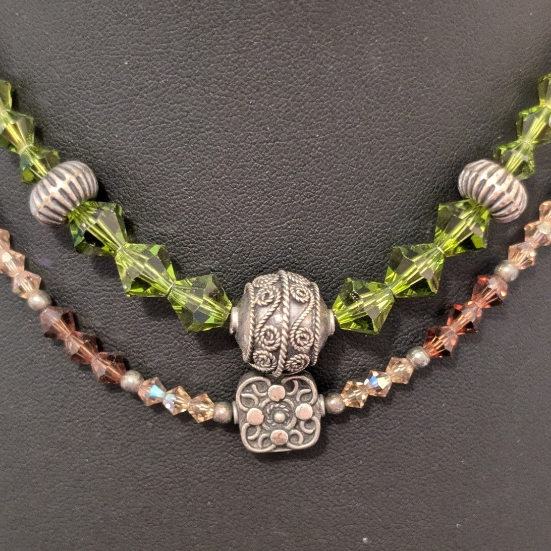 Two 925 Sterling Green Champagne Smoky Topaz Crystal Balinese Bead Necklaces