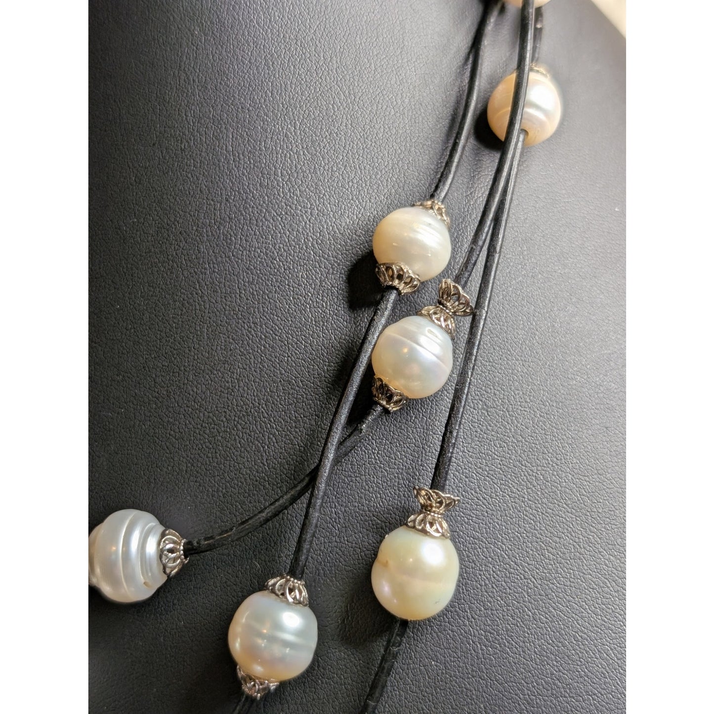 925 Sterling Three Strand Floating Genuine Freshwater Pearl Corded Necklace