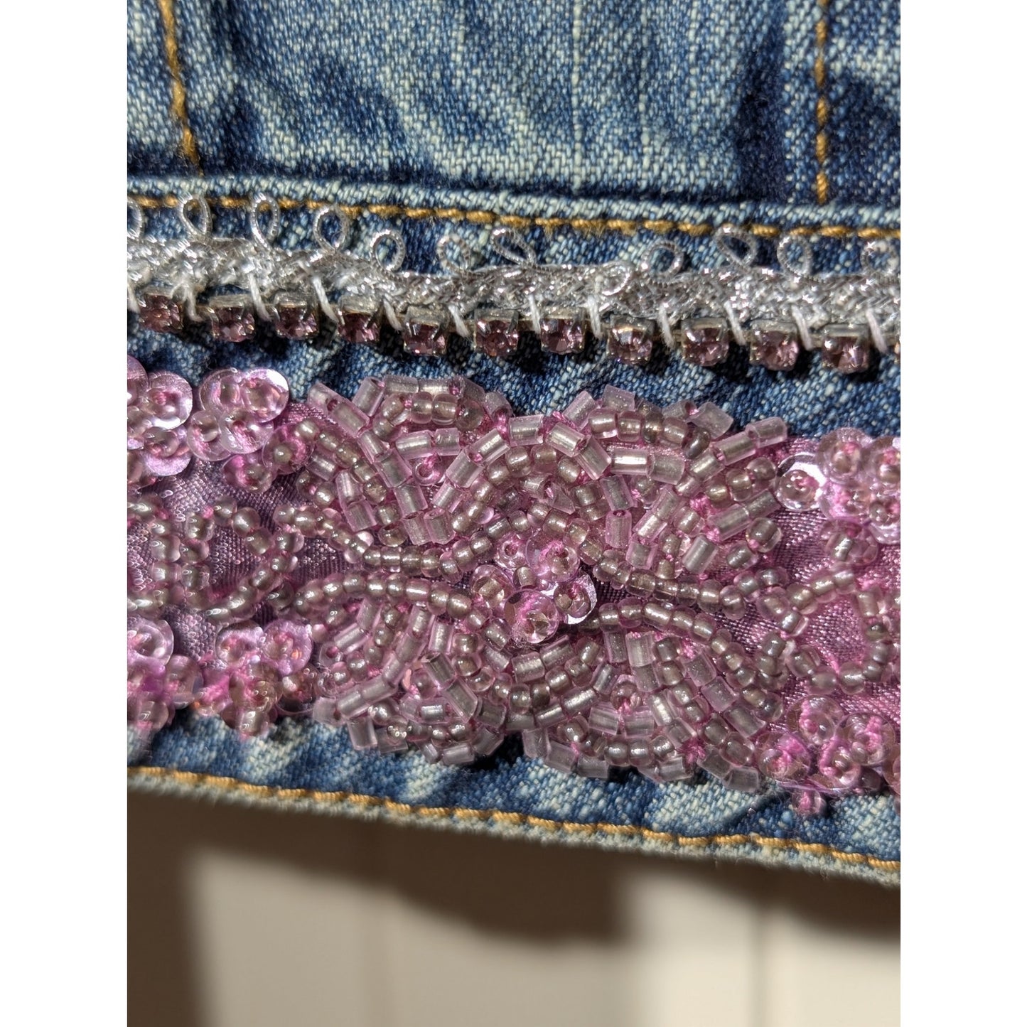 Berek by Takako Sakon Embellished Pink Sequin Bead Rhinestone Denim Jacket Sz XL