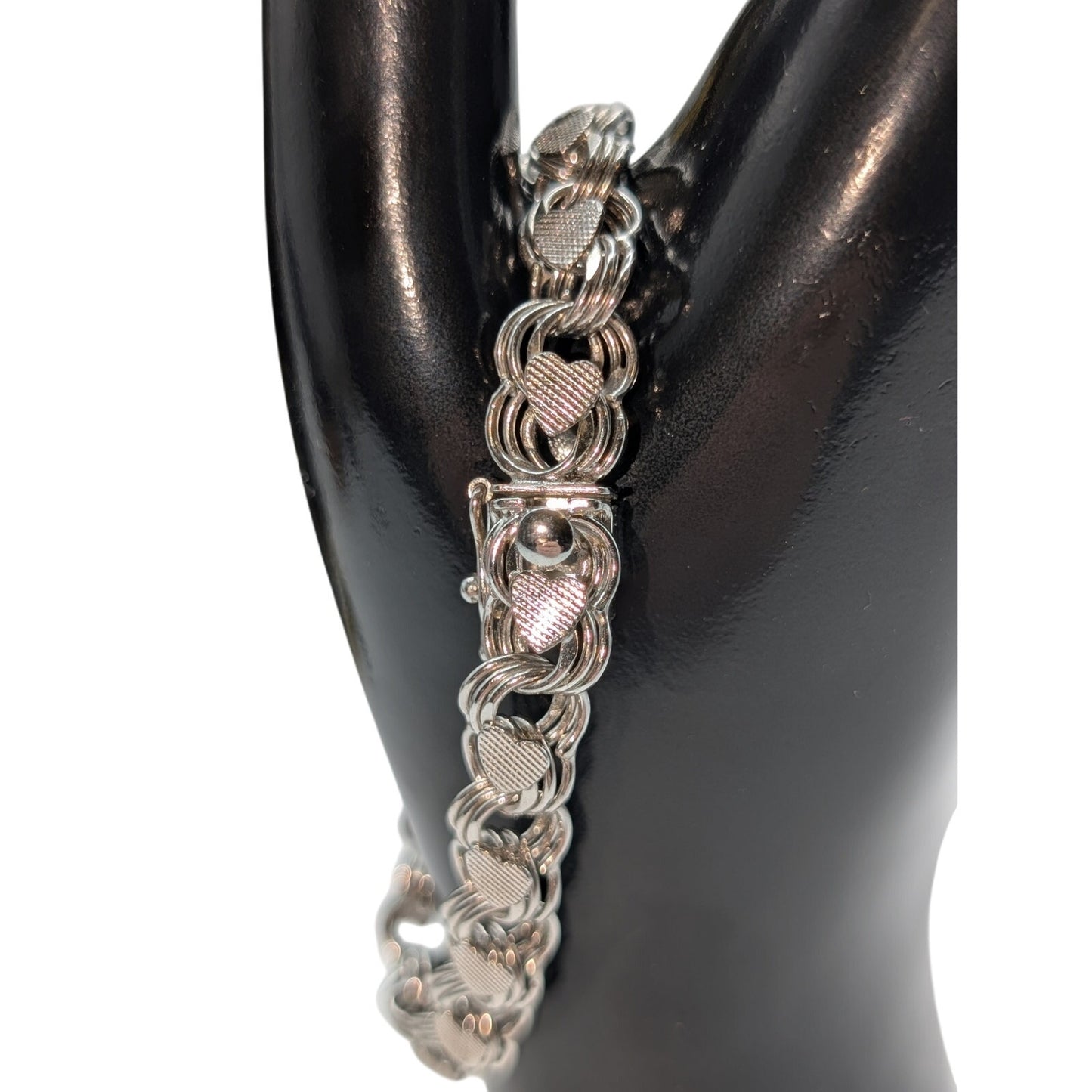 Vintage Mid Century Sterling Silver Double Link Textured Heart Charm Bracelet