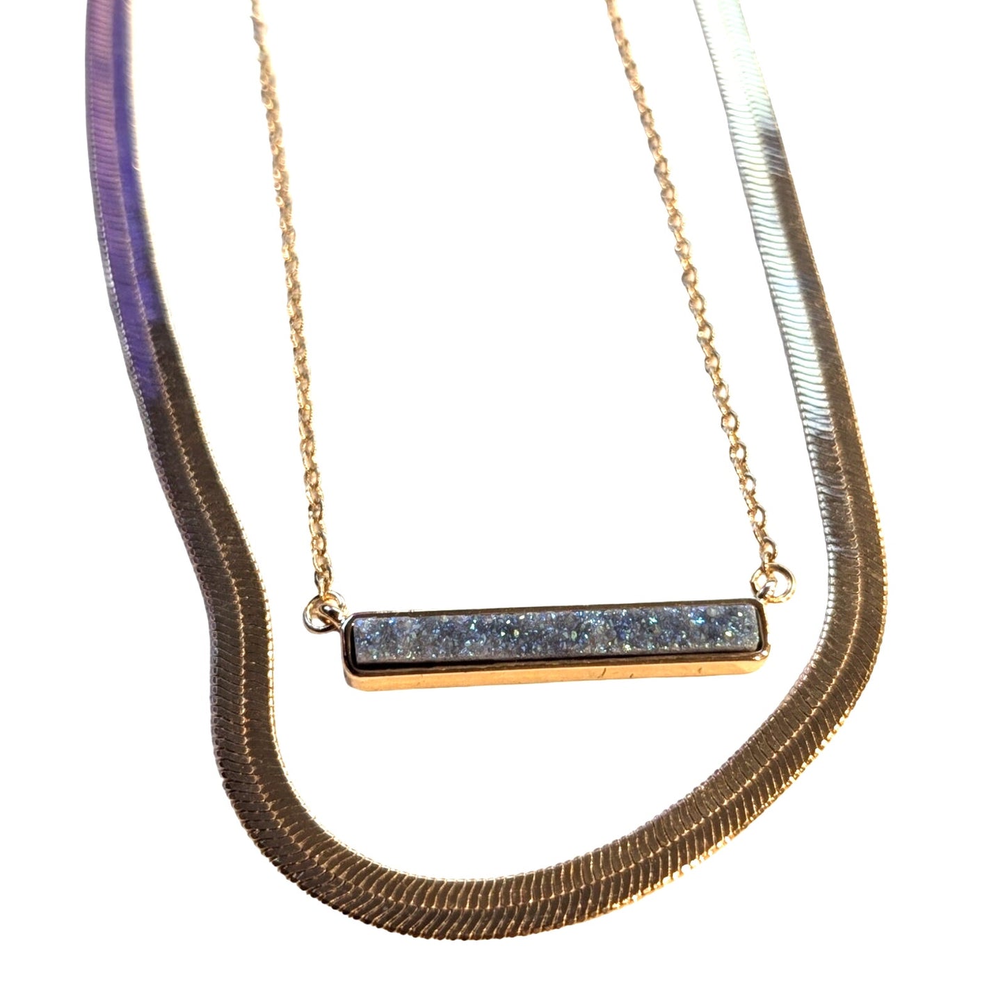 Gold Tone Double Layer Wide Herringbone & Druzy Bar Necklace