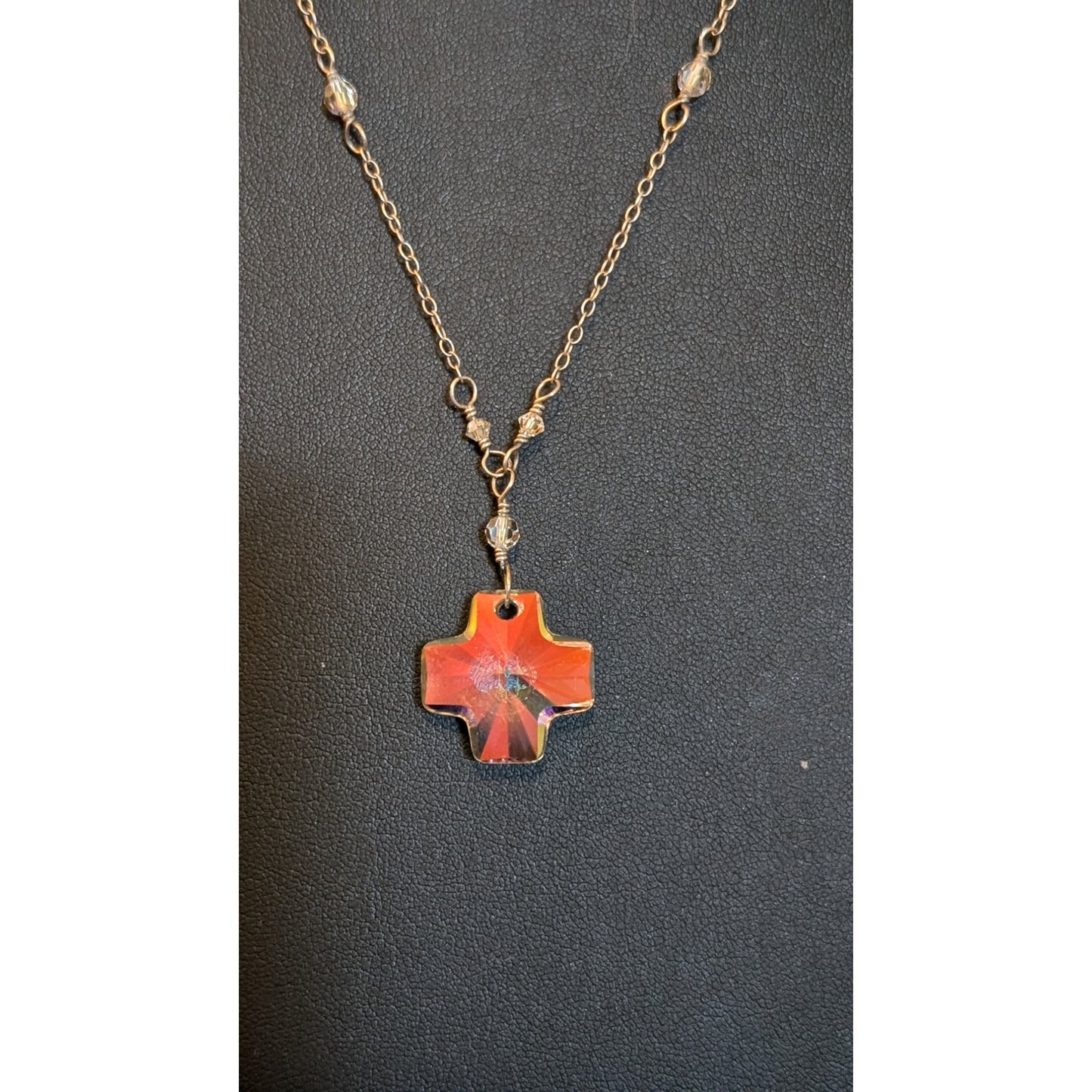 Crystal Prism Cross Pendant on Crystal Beaded 925 Sterling Chain