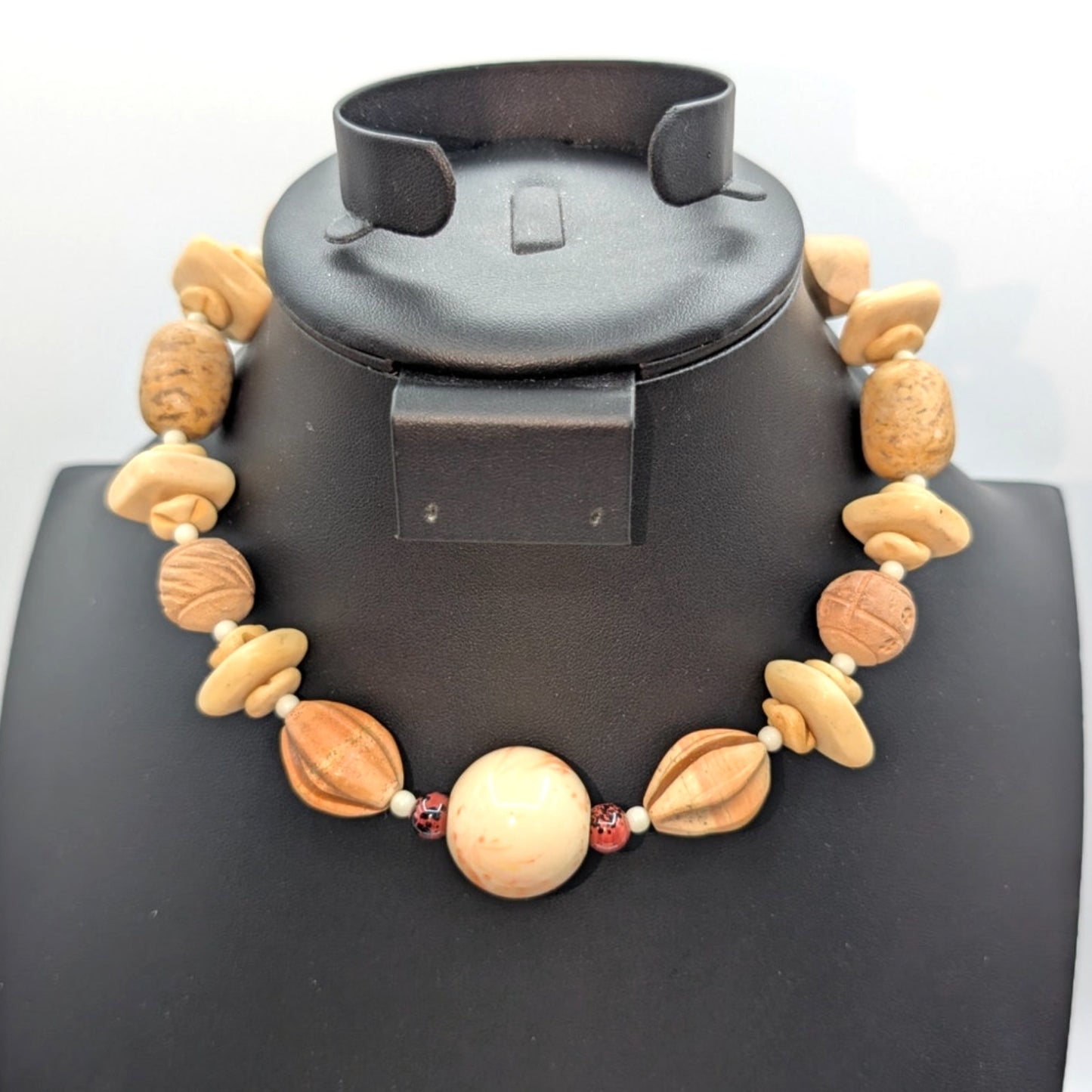 Vintage Chunky Neutral Tones Glass & Wood Beaded 17" Choker Necklace