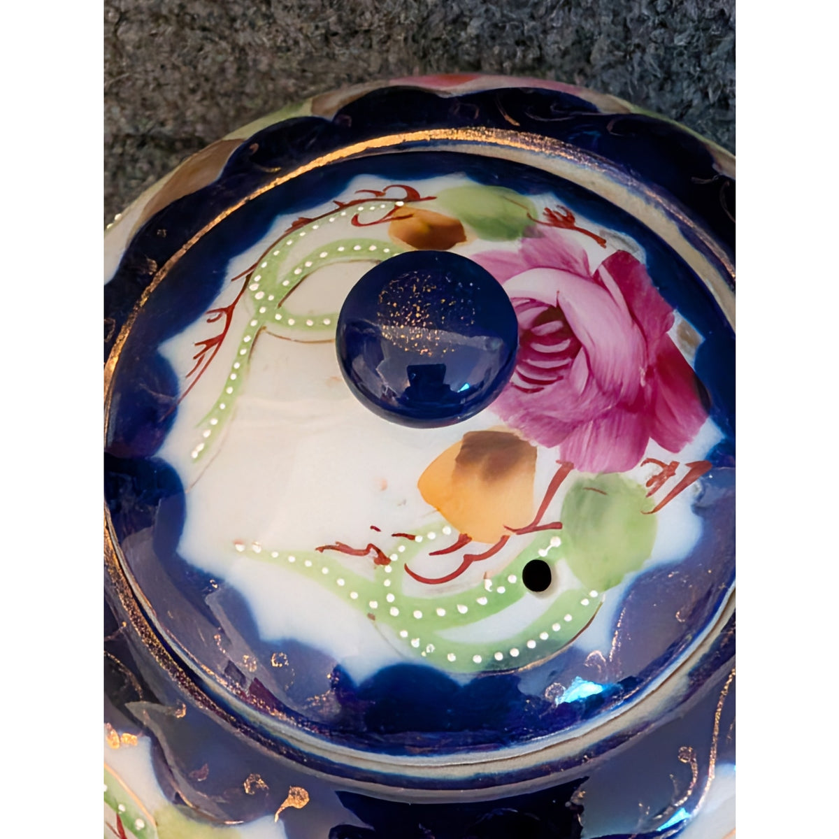 Vintage Nippon Cobalt Blue Cabbage Rose Teapot Two Cups and Two Saucers