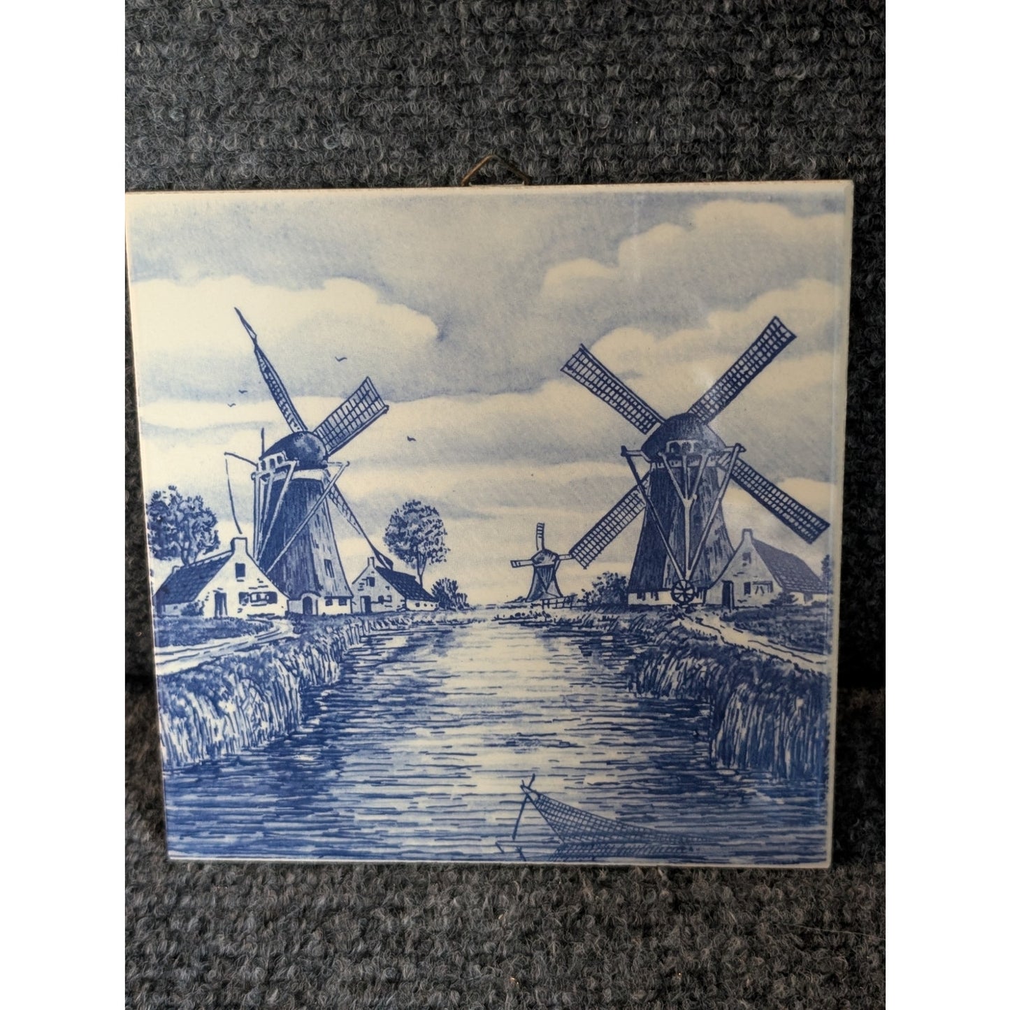 Vtg 6" Delft Blue Tile Trivet Dutch Windmills and Canal Stamped Roman Numeral II