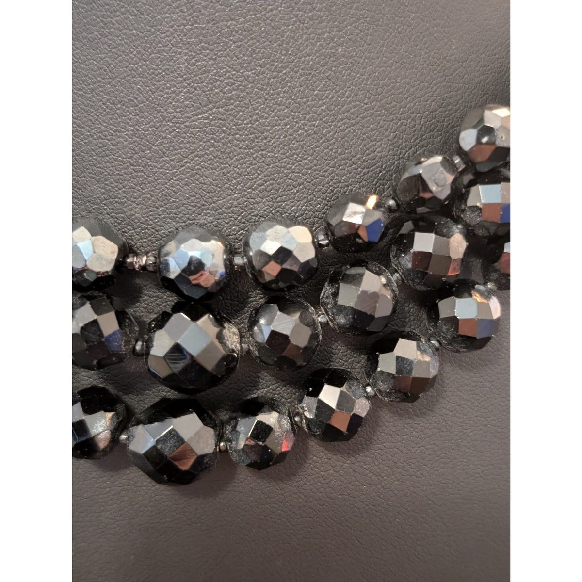 VTG 1950s Jonne by Schrager Three Strand Black Faceted Glass Beaded Necklace