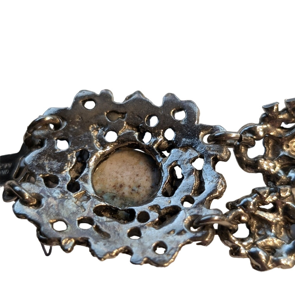VTG Made in England Blue Stone or Glass Bead Filigree Safety Chain 7" Bracelet