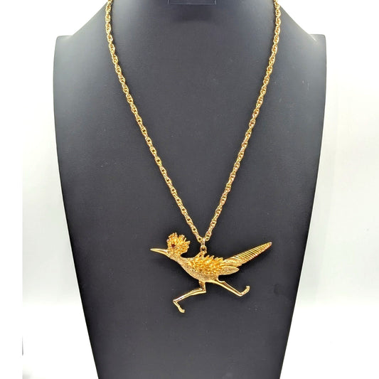 Roadrunner Circa 1970 Chunky Gold Plated On the Run Roadrunner Pendant Necklace