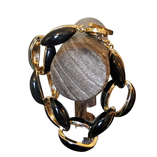 Vintage Anne Klein Chunky Black Enamel Gold Tone Link Toggle Clasp Bracelet