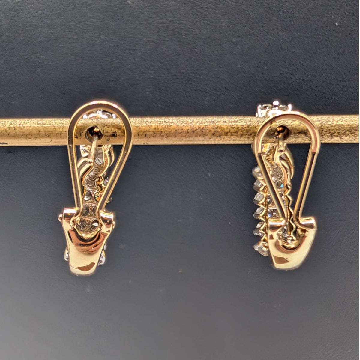 Vtg 14K Yellow & White Gold Diamond Omega Back Curved Hoop Earrings 4.83g